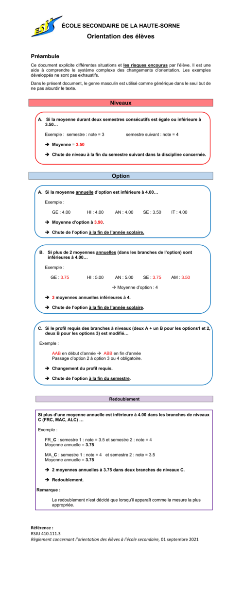 Règlement orientation élèves ES